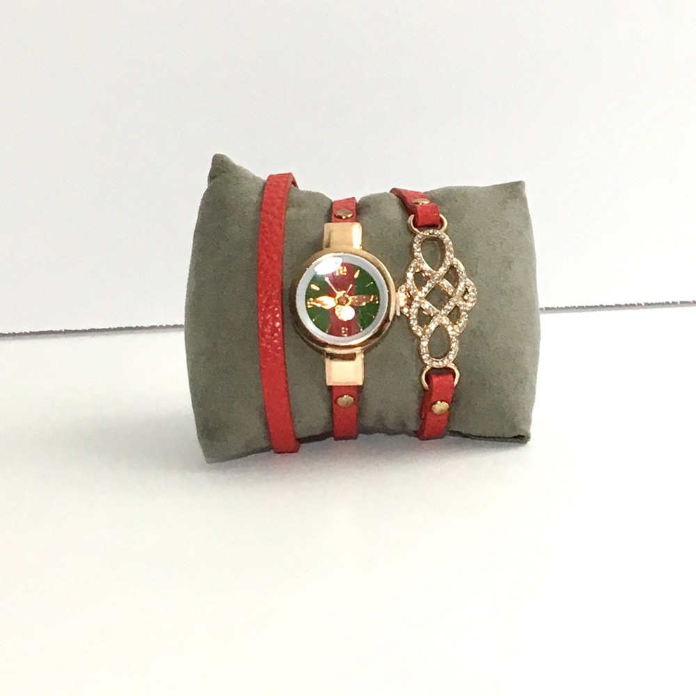 Metal /Rhinestone Red Leather Strap Bracelet